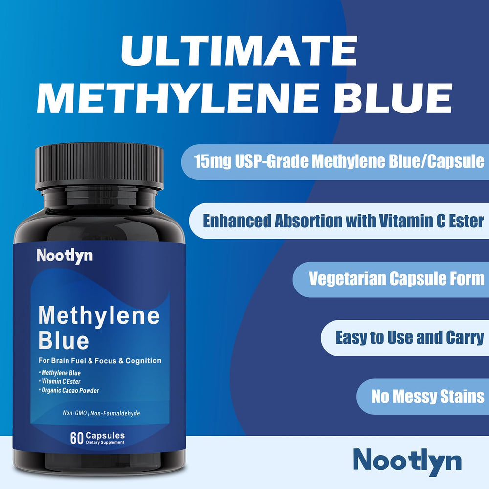 Close-up of Nootlyn Methylene Blue capsules on white background.