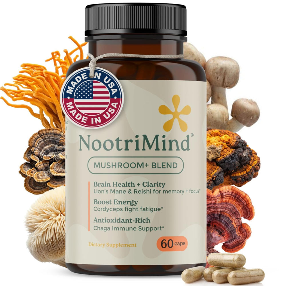 Nootrimind Mushroom Complex bottle front highlighting brain support and immune benefits.