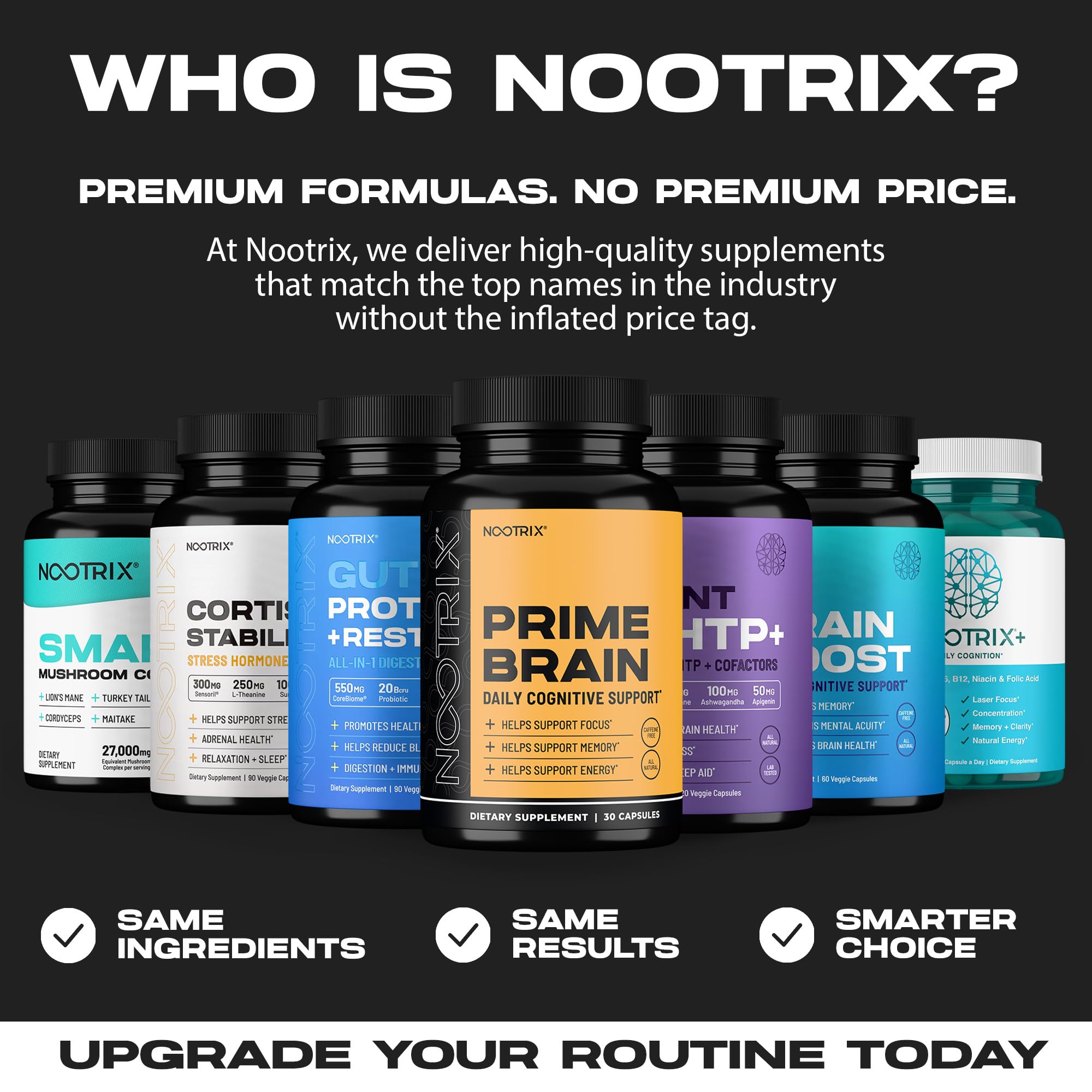 Glass bottle of Nootrix Brain Boost on desk for daily supplementation.