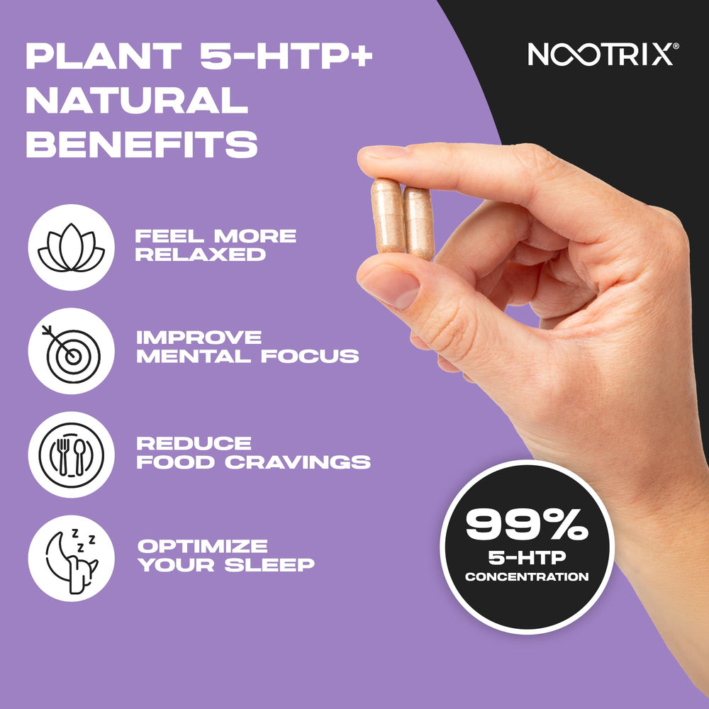 Nootrix Organic 5-HTP+ label shows Griffonia simplicifolia sourcing and non-GMO quality.