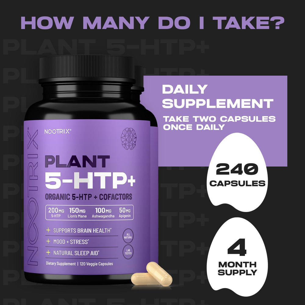 Nootrix Organic 5-HTP+ capsules highlight organic Griffonia simplicifolia and gluten-free.
