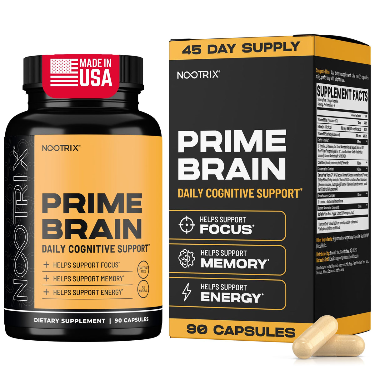 Nootrix Prime bottle front signals a daily brain health supplement for focus.