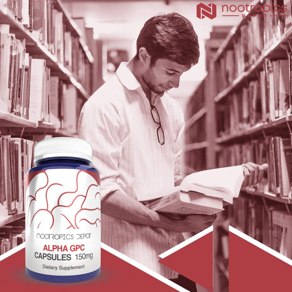 Nootropics Depot Alpha GPC capsules label showing 150 mg dosage.