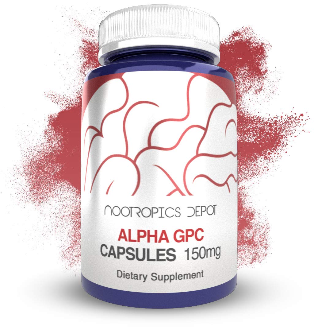 Nootropics Depot Alpha GPC capsules bottle close-up highlighting 150 mg dose for cognitive focus.