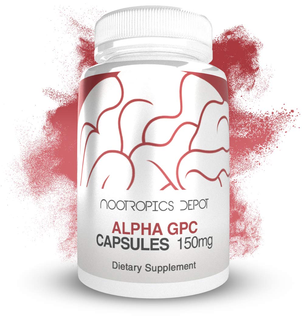 Nootropics Depot Alpha GPC capsules label close-up showing branding and potency for cognitive support.
