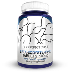 Nootropics Depot Beta-Ecdysterone 50% tablets on bottle highlighting strength support for active individuals