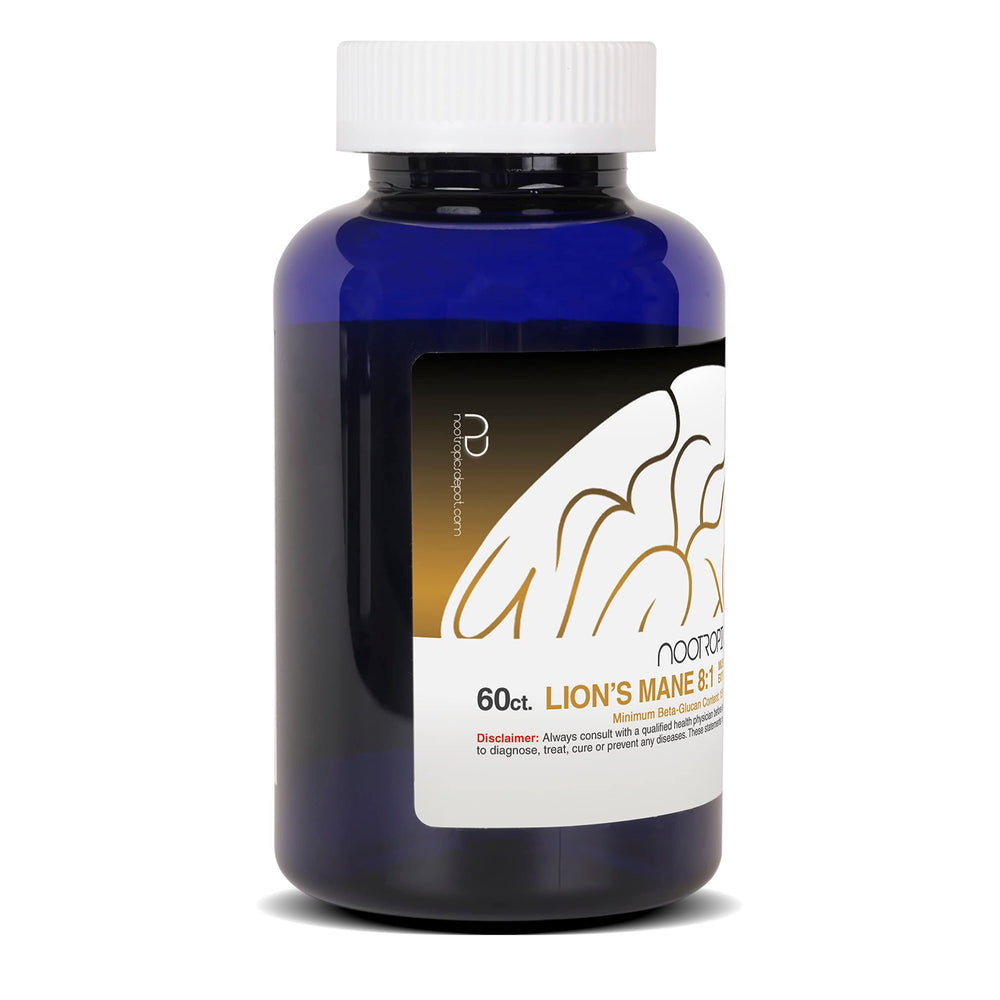 Nootropics Depot bottle resting on a wooden background for daily routine.