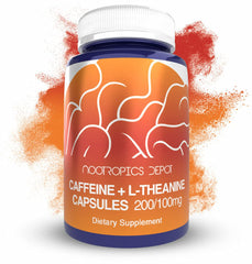 Nootropics Depot caffeine and L-Theanine capsules bottle front view for focused energy.