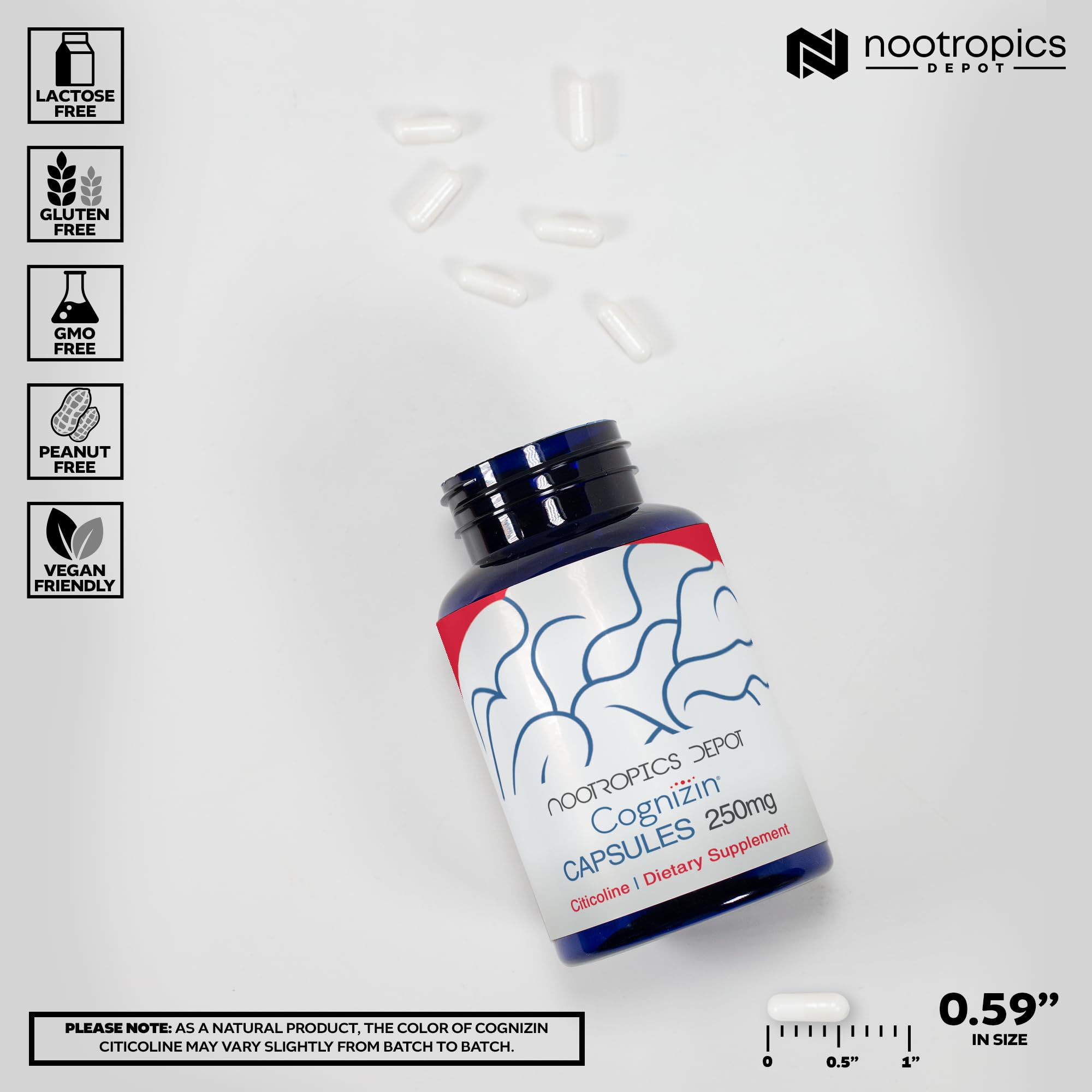 Packaging box showing Nootropics Depot Cognizin Citicoline for attention and recall support