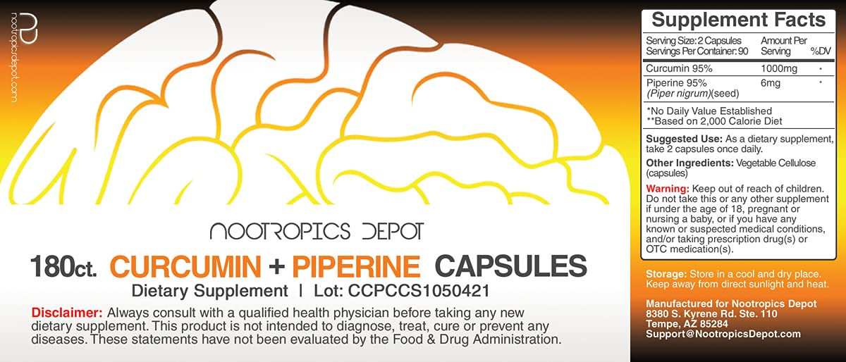 Nootropics Depot Curcumin Piperine capsules bottle back shows potency and supplement details
