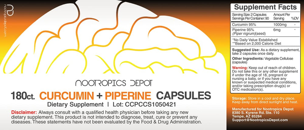 Nootropics Depot Curcumin Piperine capsules bottle back shows potency and supplement details