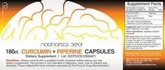 Nootropics Depot Curcumin Piperine capsules bottle back shows potency and supplement details