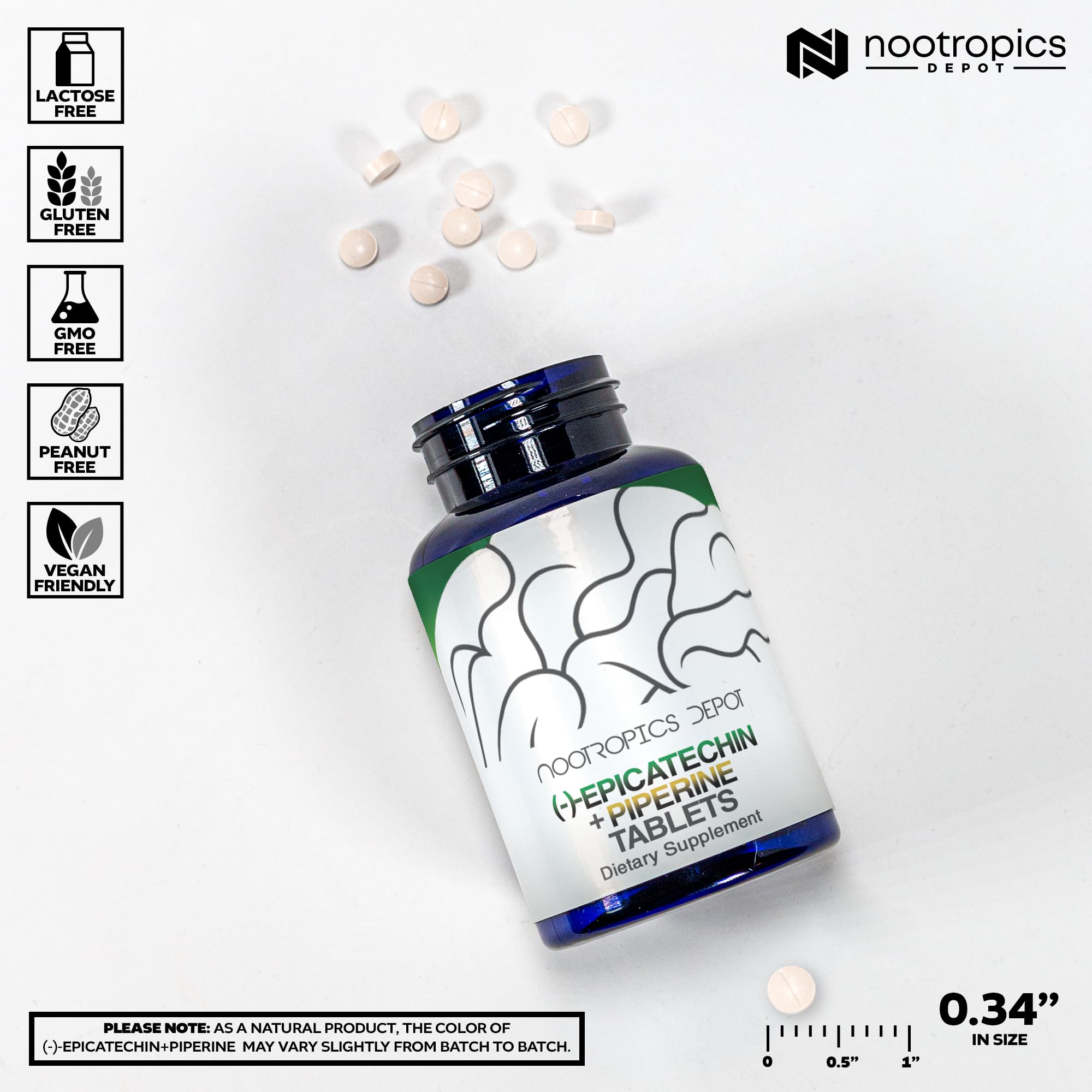 Nootropics Depot Epicatechin tablets close-up showing piperine for absorption.