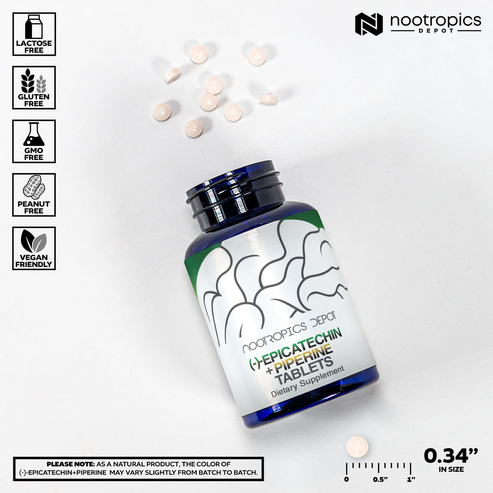 Nootropics Depot Epicatechin tablets close-up showing piperine for absorption.