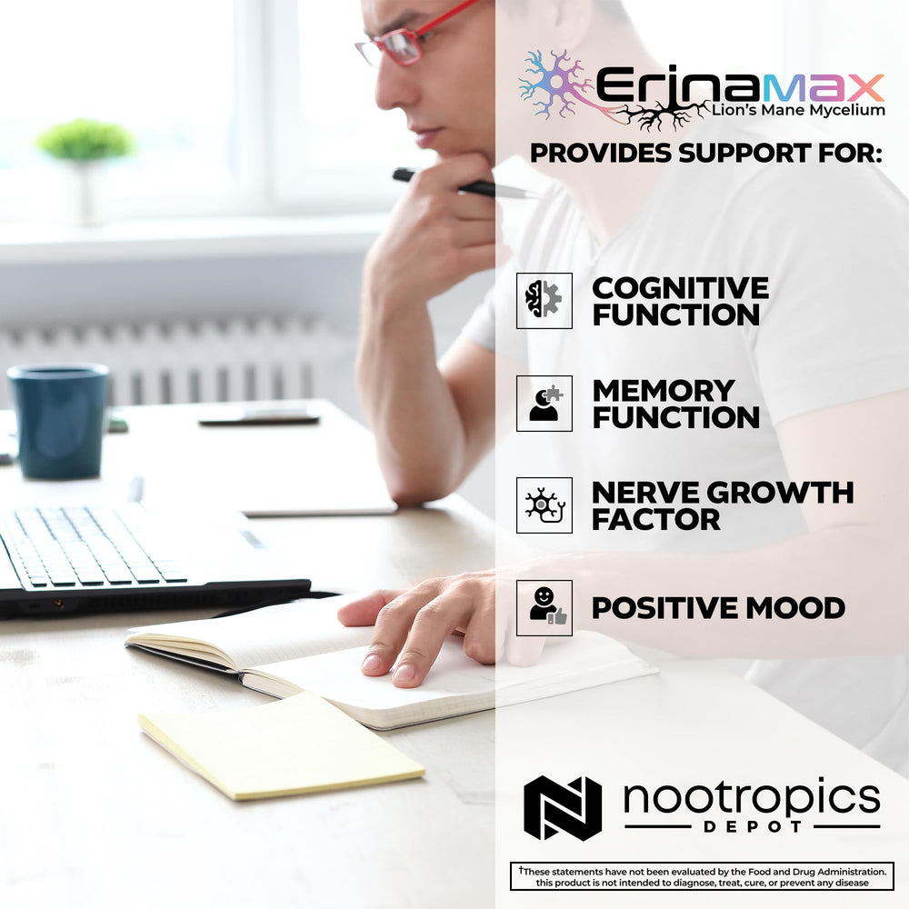 Side view of Nootropics Depot Erinamax Lions Mane bottle for packaging details.