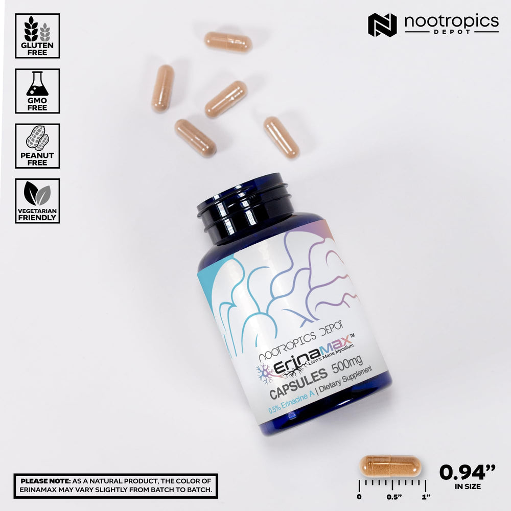 Close-up of Nootropics Depot Erinamax Lions Mane label showing branding and quality.