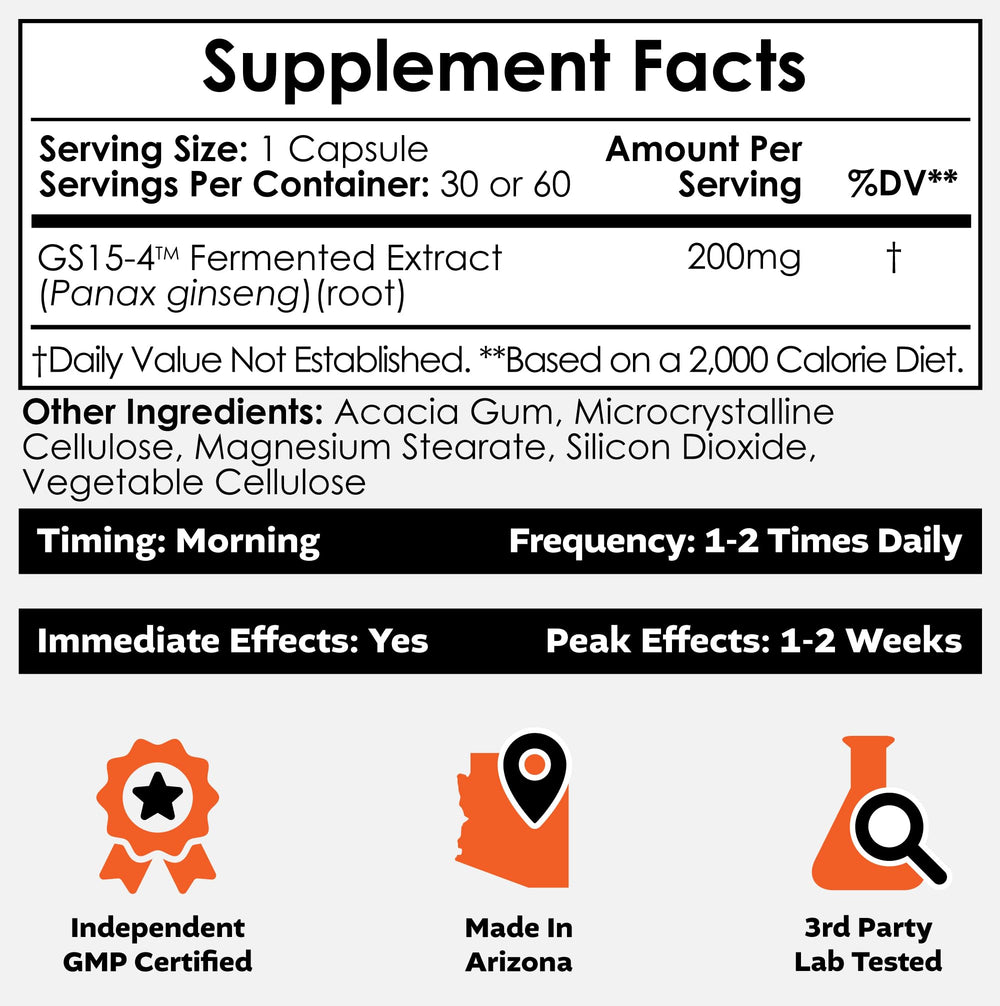 GS15-4 Panax Ginseng capsules closeup on label showing 200 mg dosage