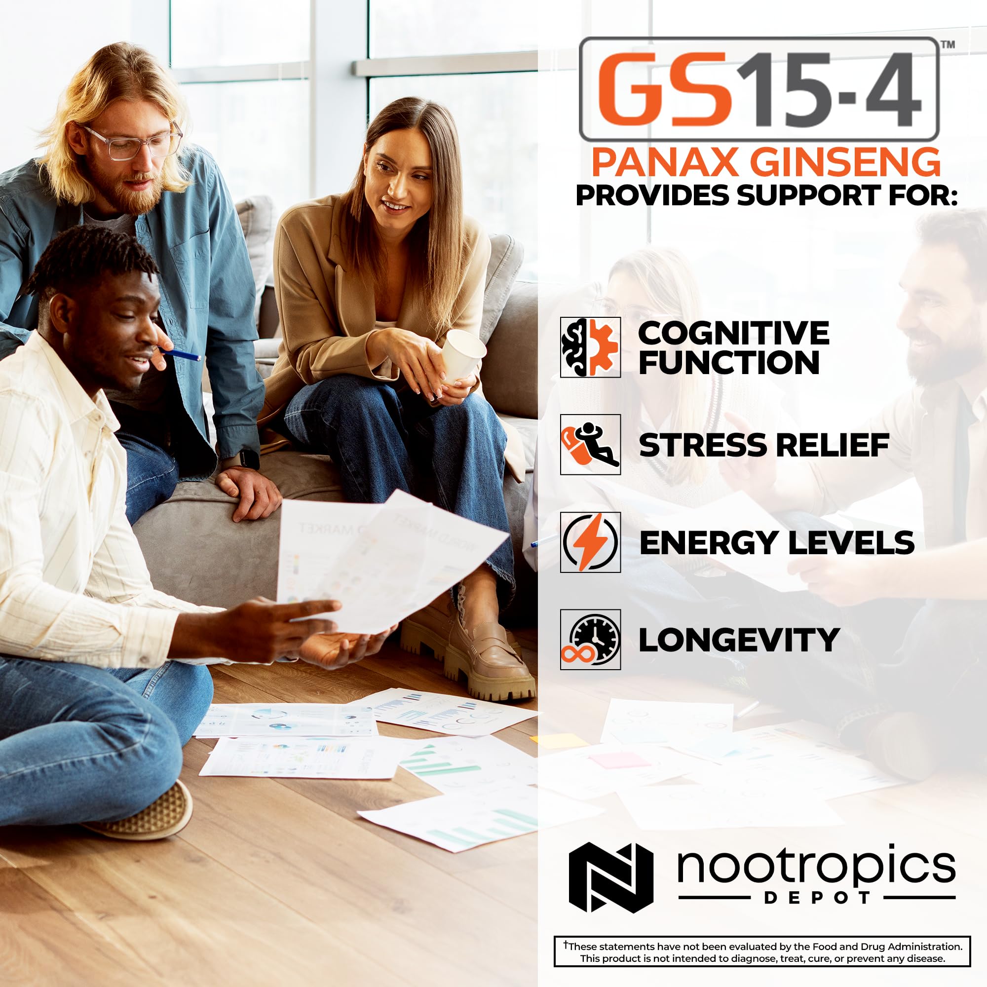 Front label of Nootropics Depot GS15-4 Panax Ginseng product for easy daily use
