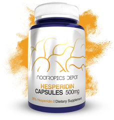 Nootropics Depot hesperidin capsules 500mg bottle close-up, potential metabolic support.