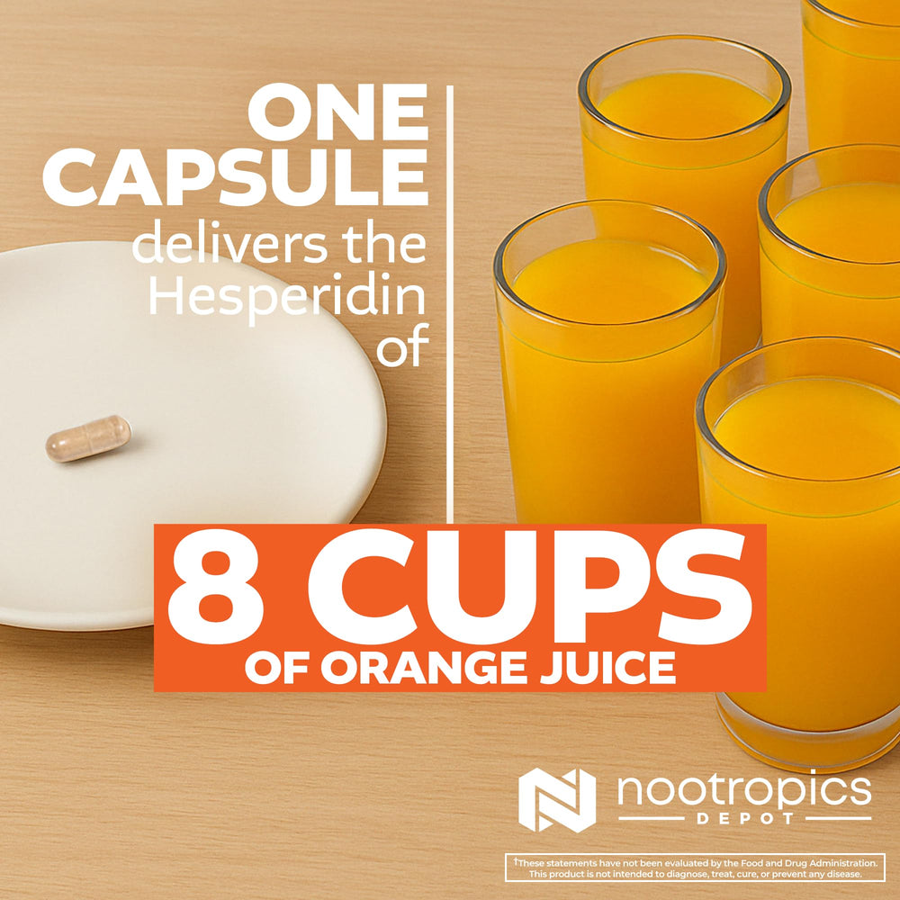 Nootropics Depot hesperidin capsules lab-testing seal, emphasizes product quality.