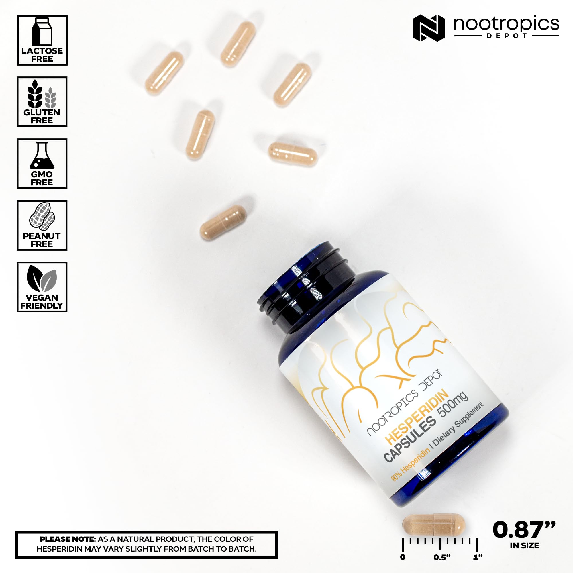 Nootropics Depot hesperidin capsules label close-up, reveals 90% citrus extract content.