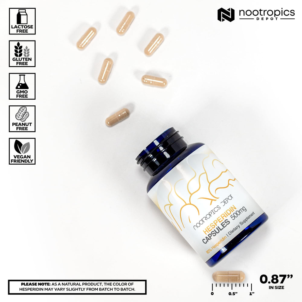 Nootropics Depot hesperidin capsules label close-up, reveals 90% citrus extract content.