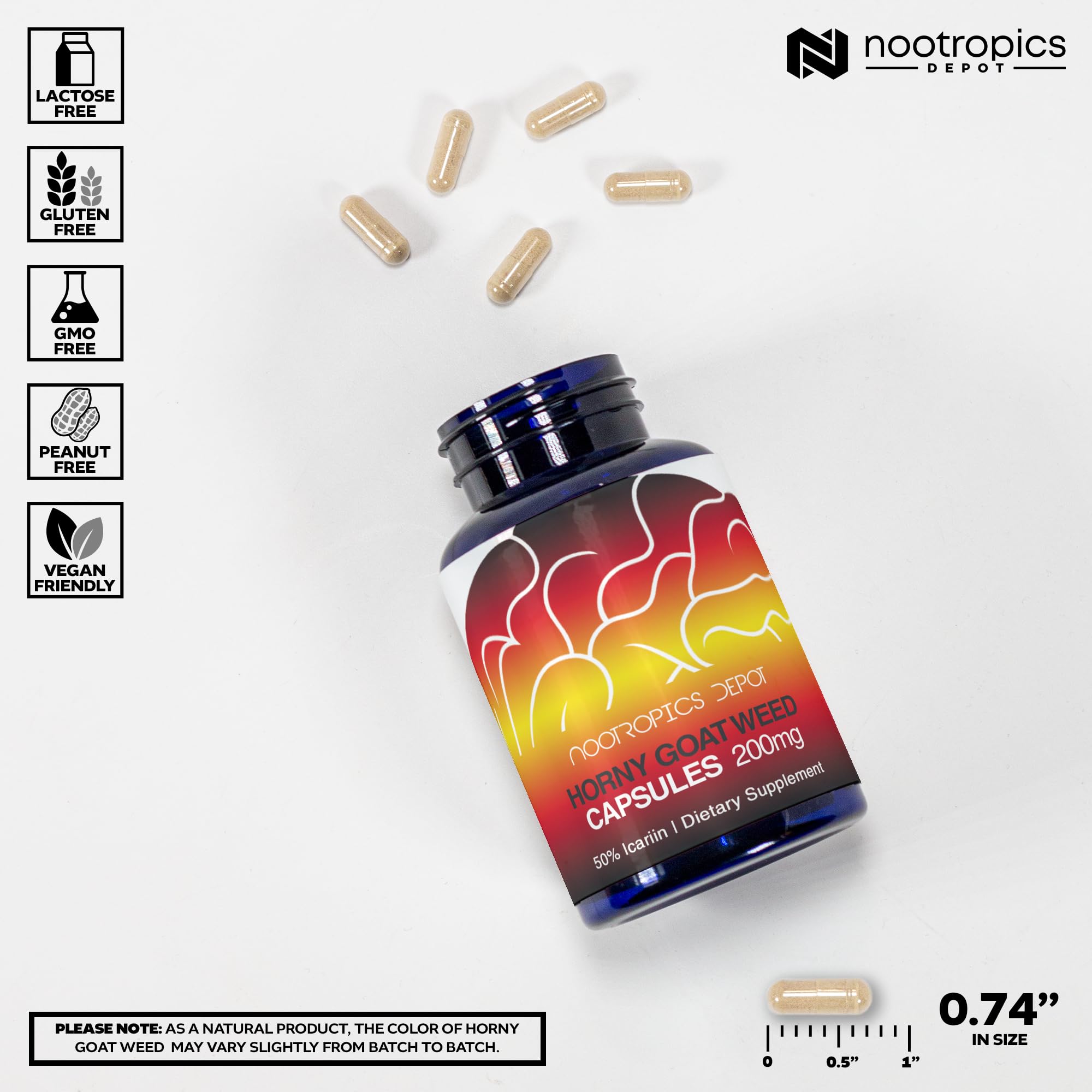 Nootropics Depot Horny Goat Weed bottle back label, emphasizing ingredients and potency.