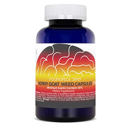 Nootropics Depot Horny Goat Weed bottle front, showcasing 200mg capsules for potential daily energy.