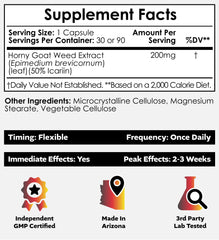 Nootropics Depot Horny Goat Weed capsules closeup, highlights high icariin content for circulatory support.