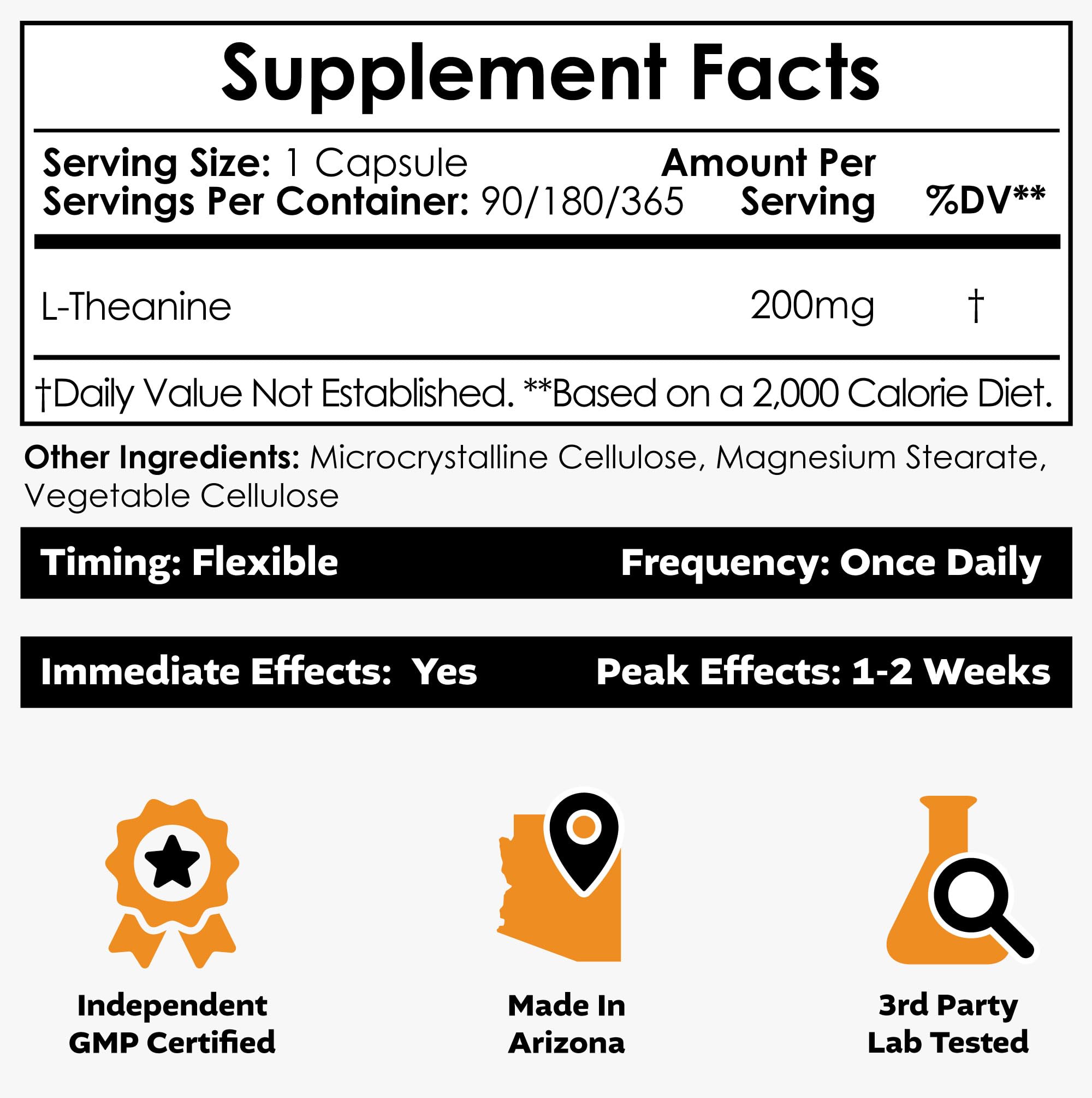 Label shot of Nootropics Depot L-Theanine capsules emphasizing purity and identity