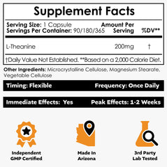 Label shot of Nootropics Depot L-Theanine capsules emphasizing purity and identity