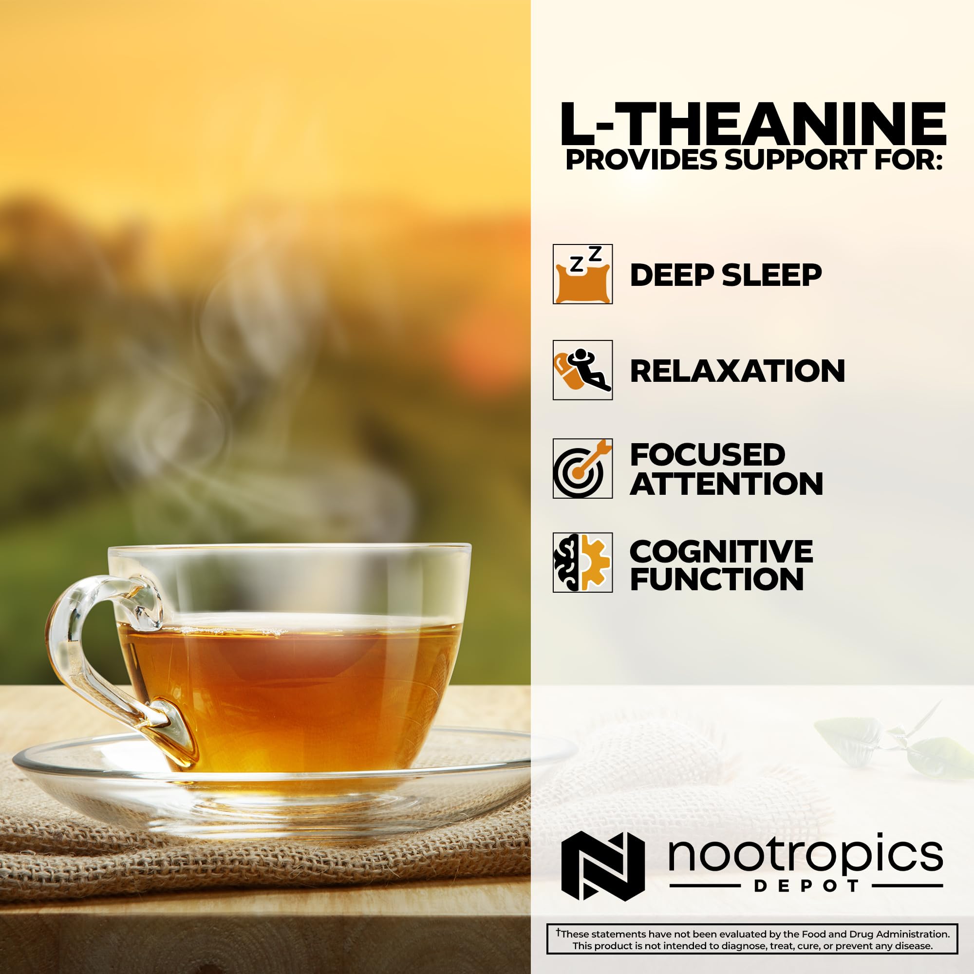 Nootropics Depot L-Theanine packaging notes vegan, gluten-free, and non-GMO