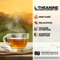 Nootropics Depot L-Theanine packaging notes vegan, gluten-free, and non-GMO