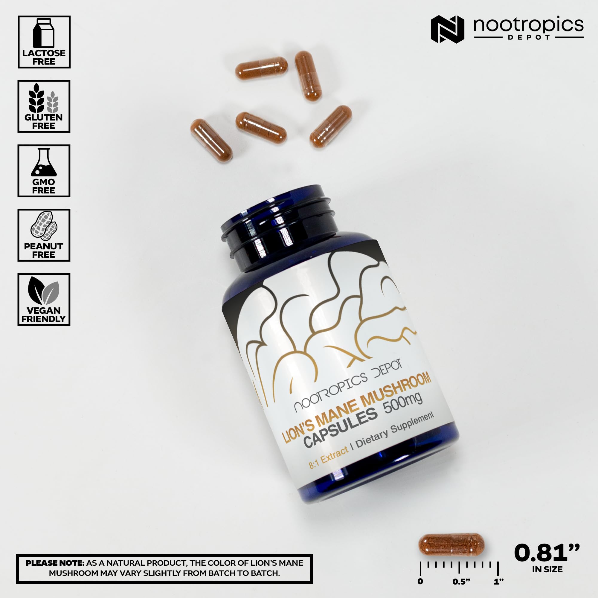 Nootropics Depot Lions Mane capsules being poured for easy daily use.