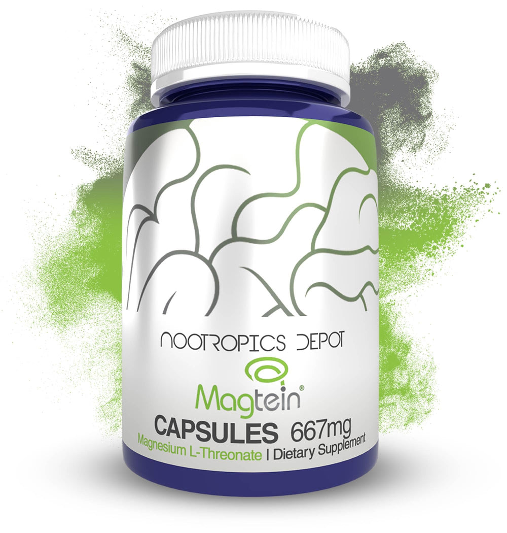 Nootropics Depot Magtein magnesium L-threonate bottle front highlighting memory and cognitive support.
