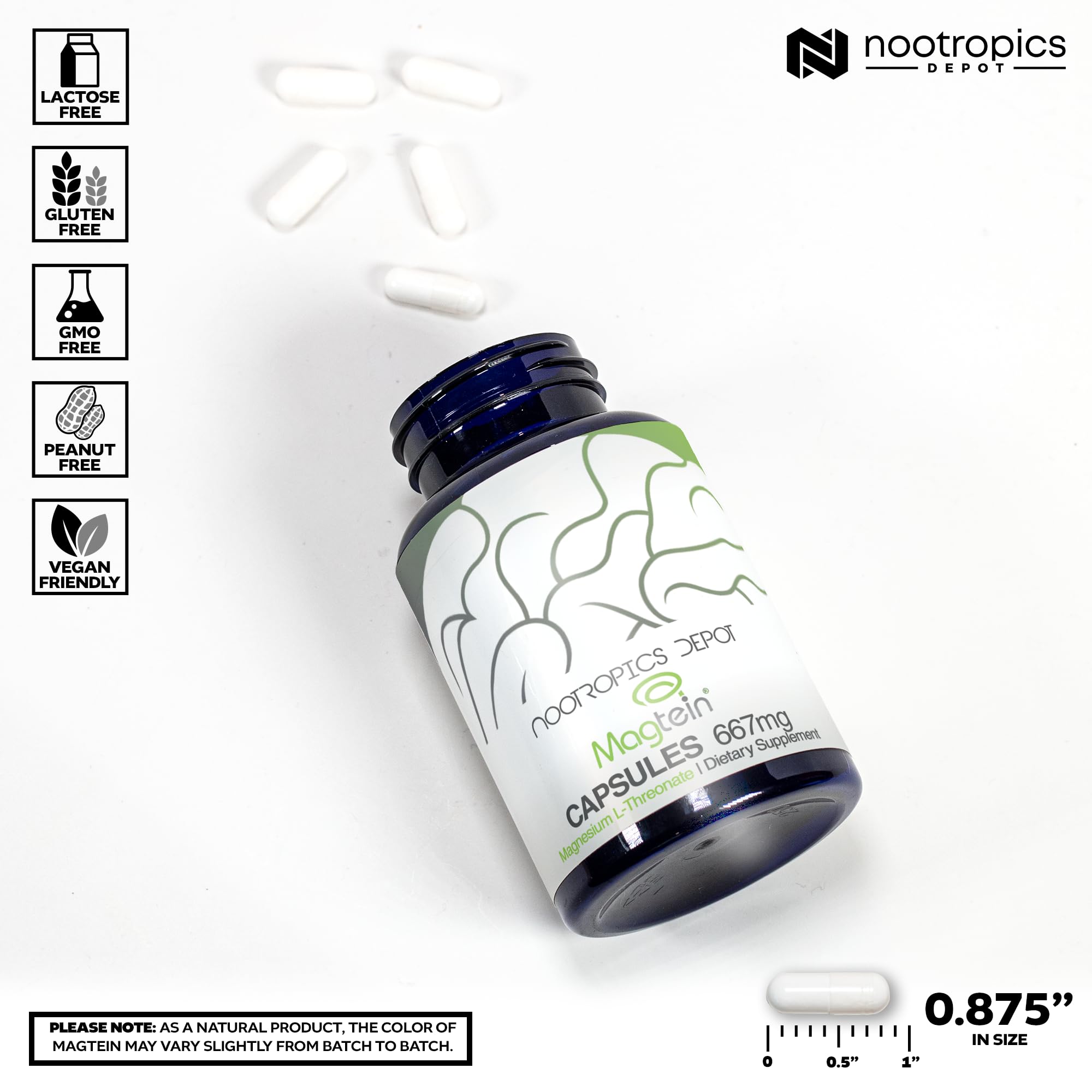 Nootropics Depot Magtein bottle label closeup noting purity and MIT-derived research.