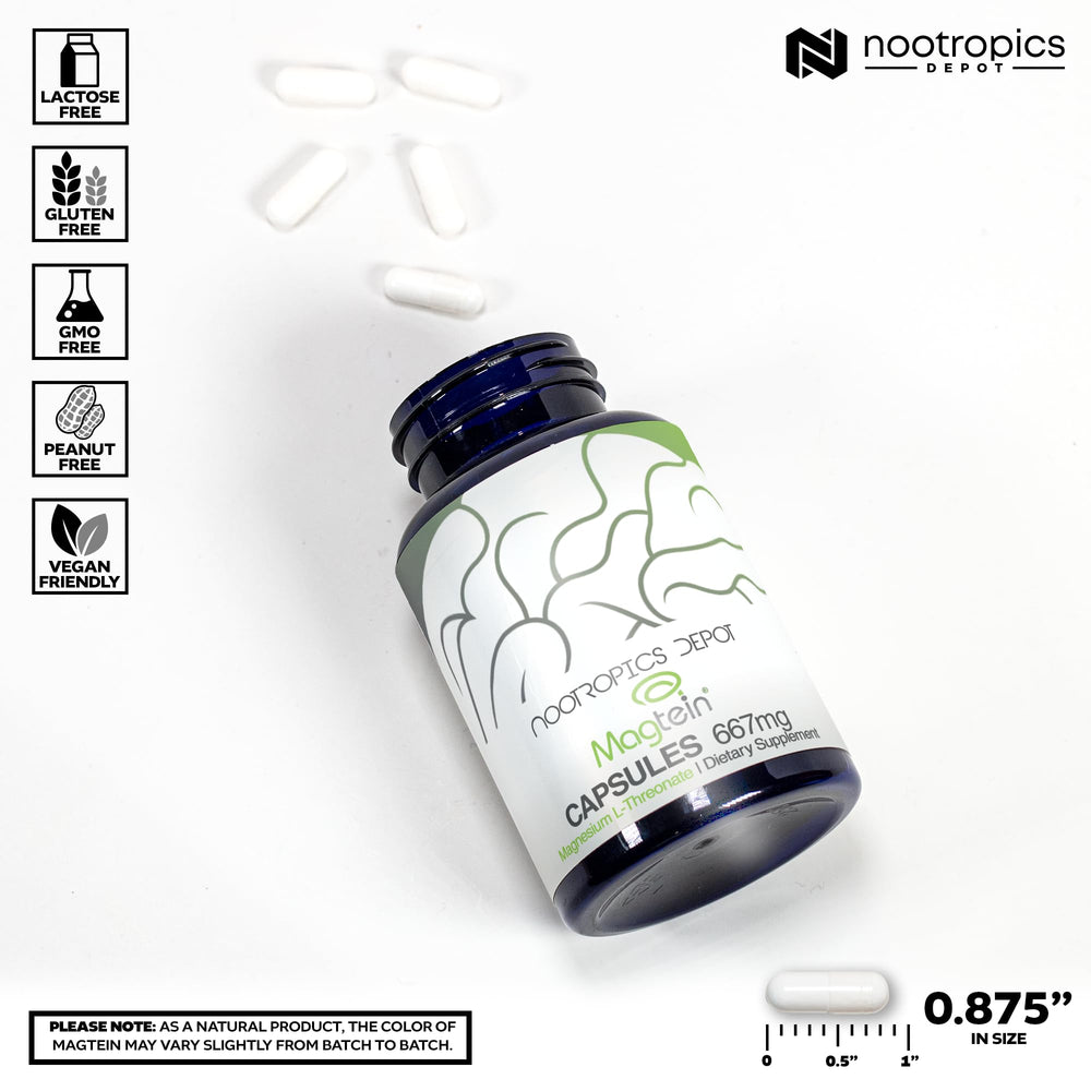 Nootropics Depot Magtein bottle label closeup noting purity and MIT-derived research.