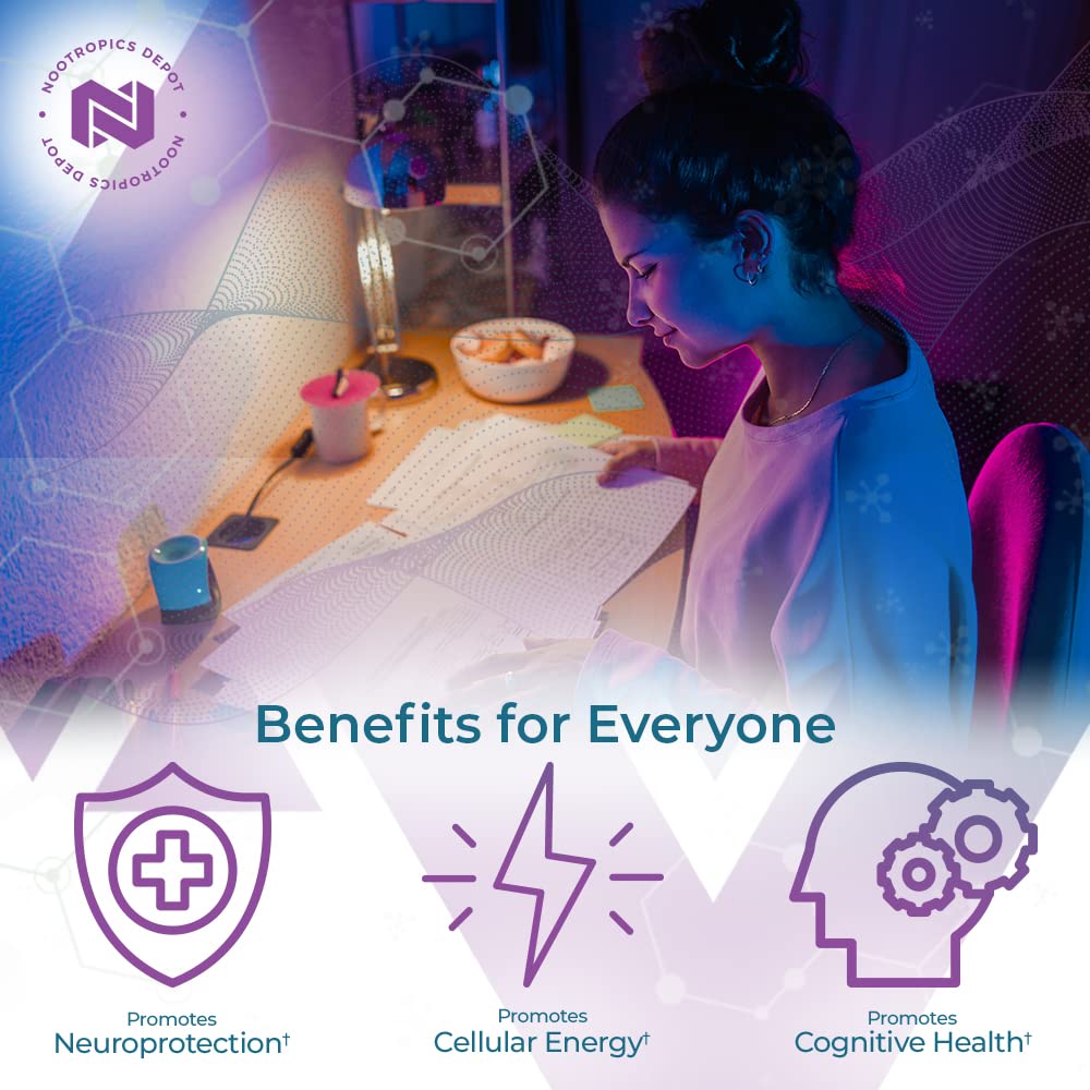Lifestyle scene with Nootropics Depot NR capsules suggesting focus and energy
