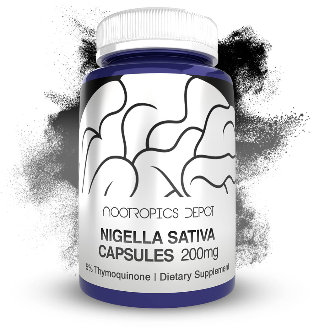 Nootropics Depot Nigella Sativa extract capsules 200mg, 60-count bottle, for daily cognitive and immune support.