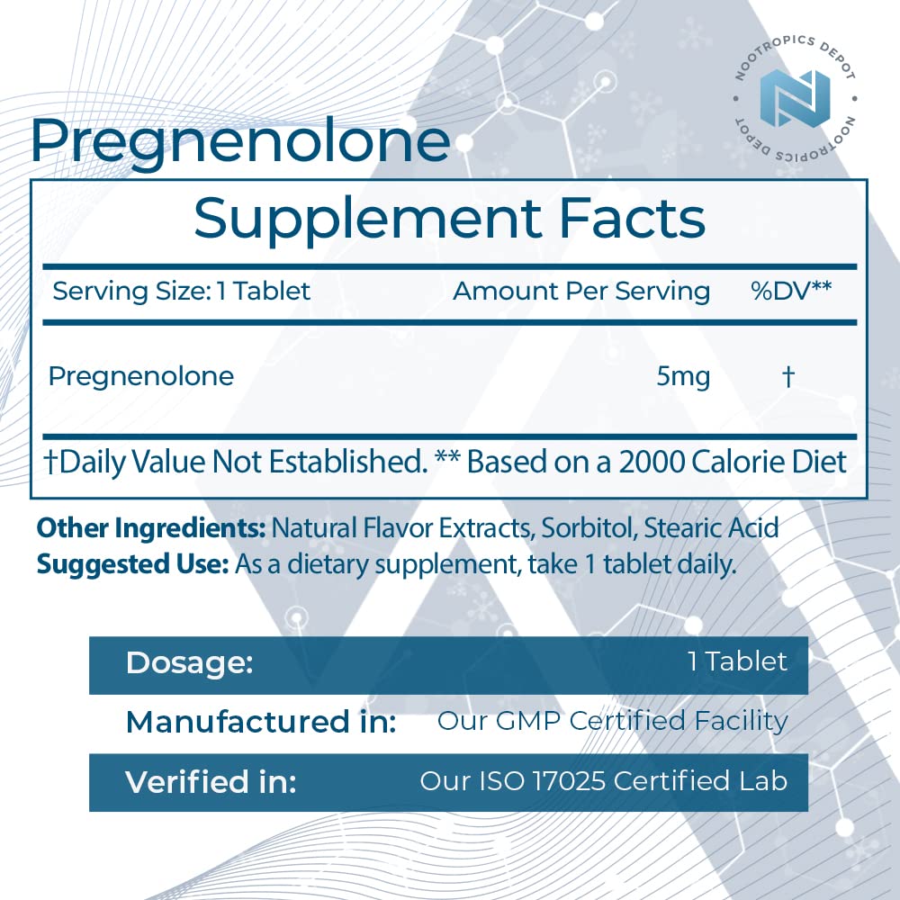 Nootropics Depot Pregnenolone tablet close-up shows micronized form for smooth ingestion.
