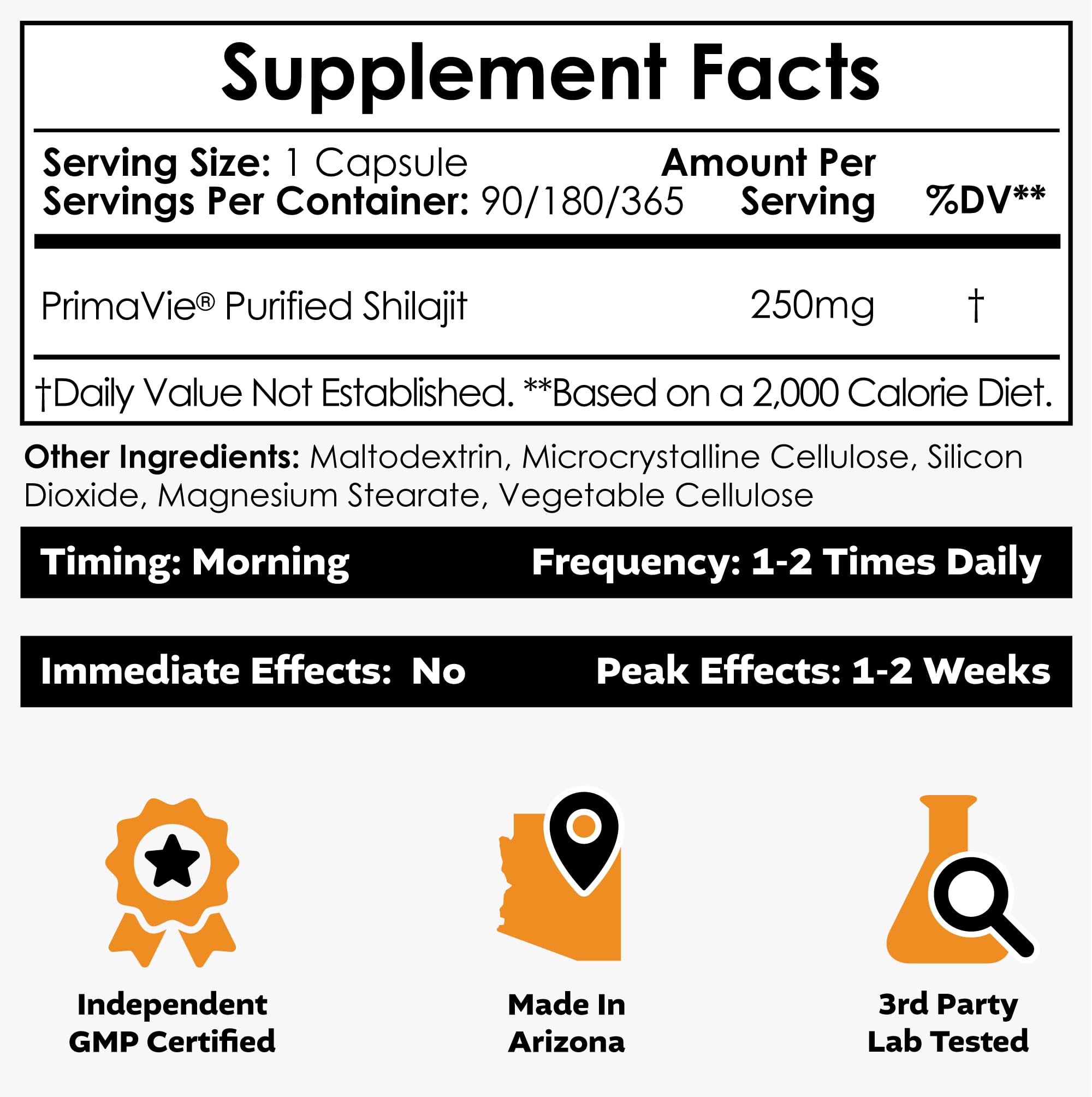 Nootropics Depot PrimaVie Shilajit capsules 250mg label emphasizing purity and potency.