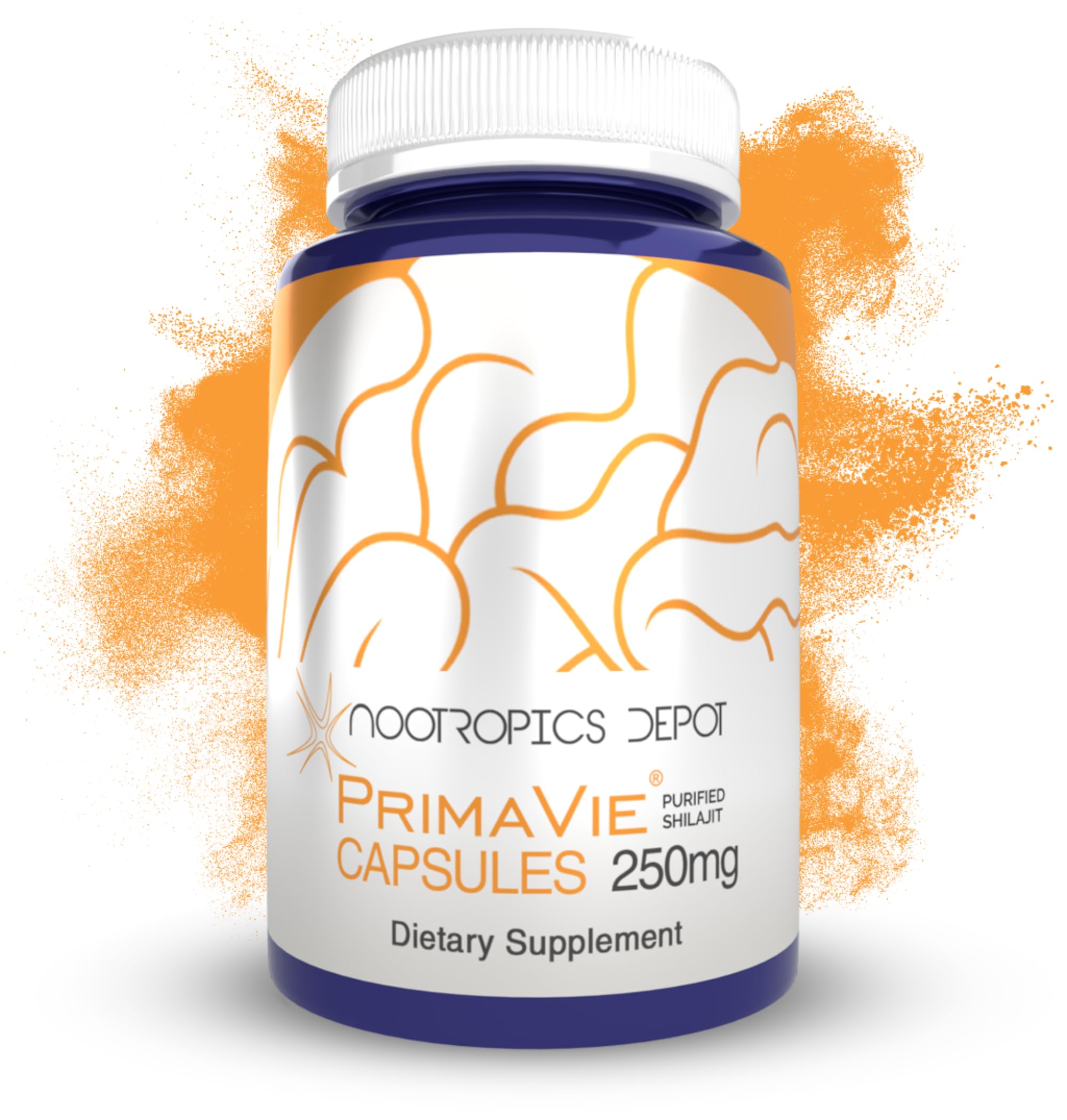 Nootropics Depot PrimaVie Shilajit capsules bottle on shelf highlighting purified Himalayas quality.