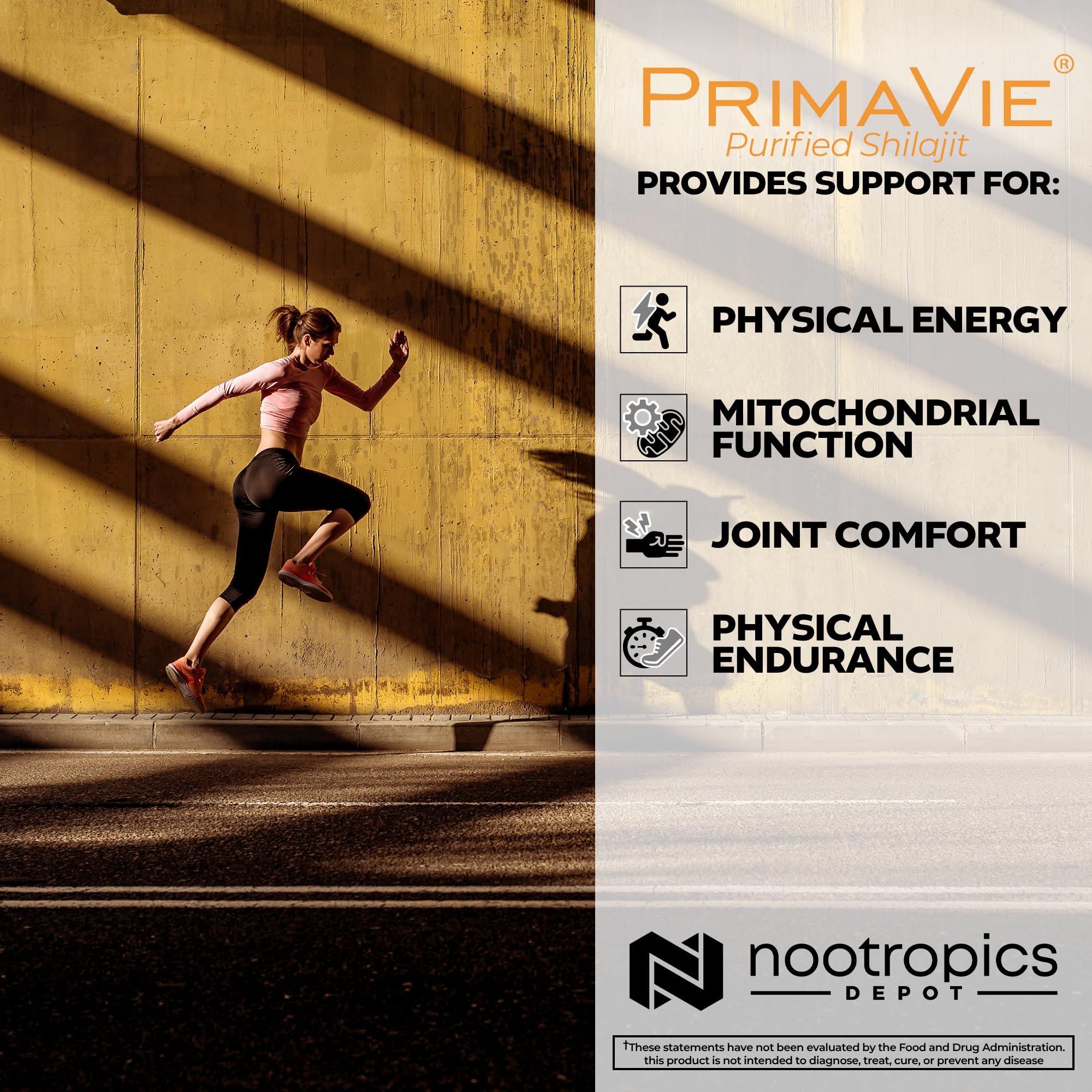 Nootropics Depot PrimaVie Shilajit during workout scene suggesting energy support.