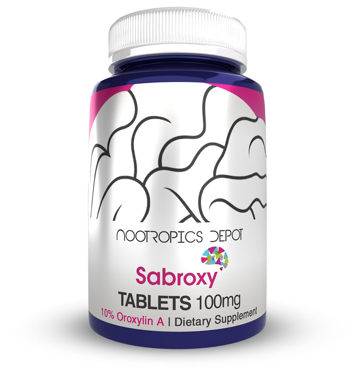 Nootropics Depot Sabroxy tablets 100mg label indicating focus and motivation support