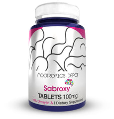 Nootropics Depot Sabroxy tablets 100mg label indicating focus and motivation support
