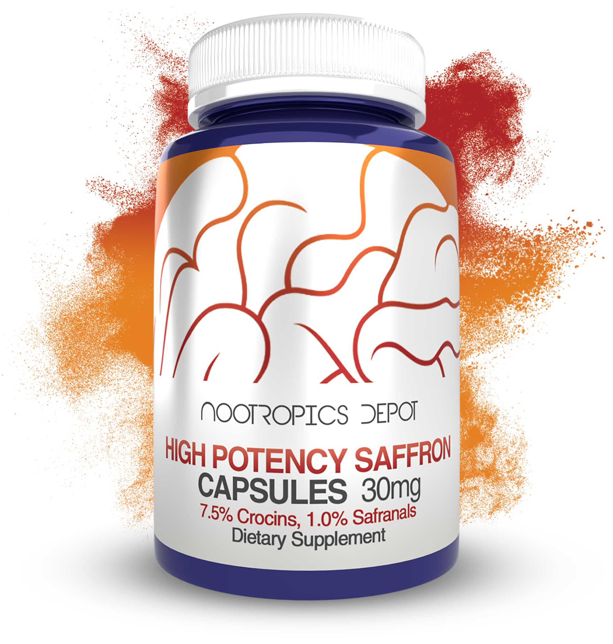 Nootropics Depot saffron capsules 30mg bottle, balanced mood support.