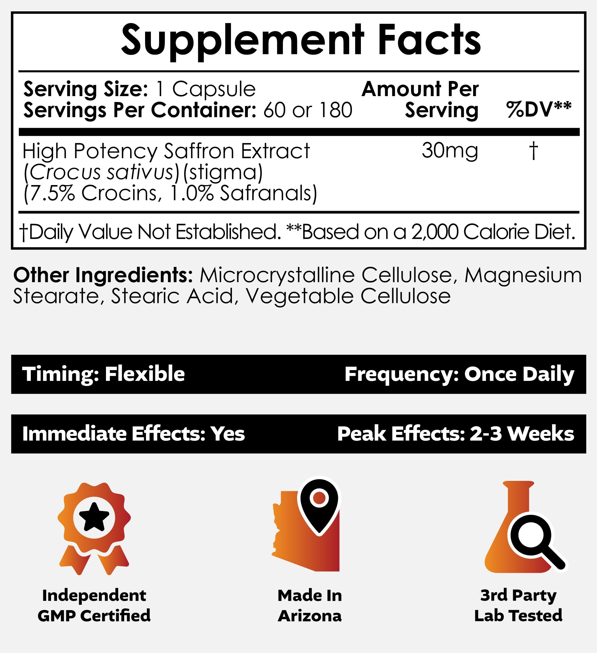 Nootropics Depot saffron capsules label detail highlighting crocins and safranals.