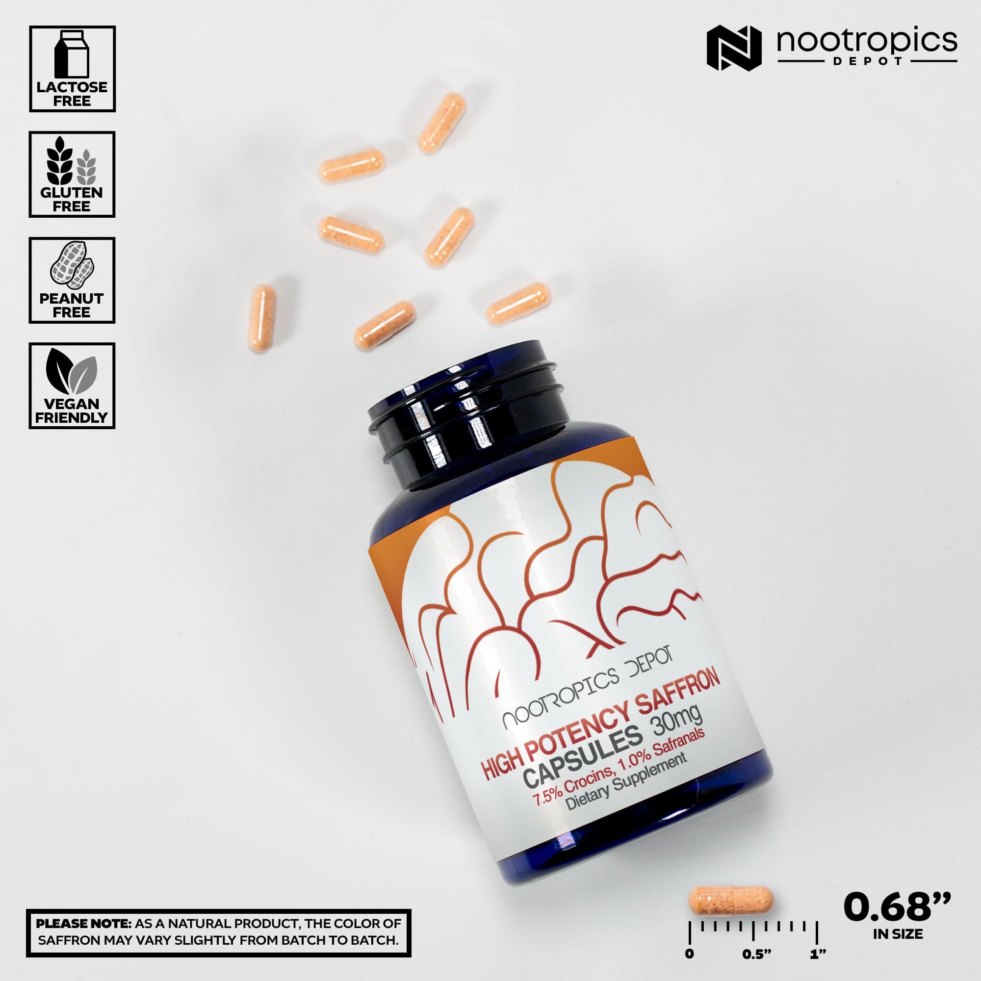 Nootropics Depot saffron capsules pour illustrating easy daily intake.