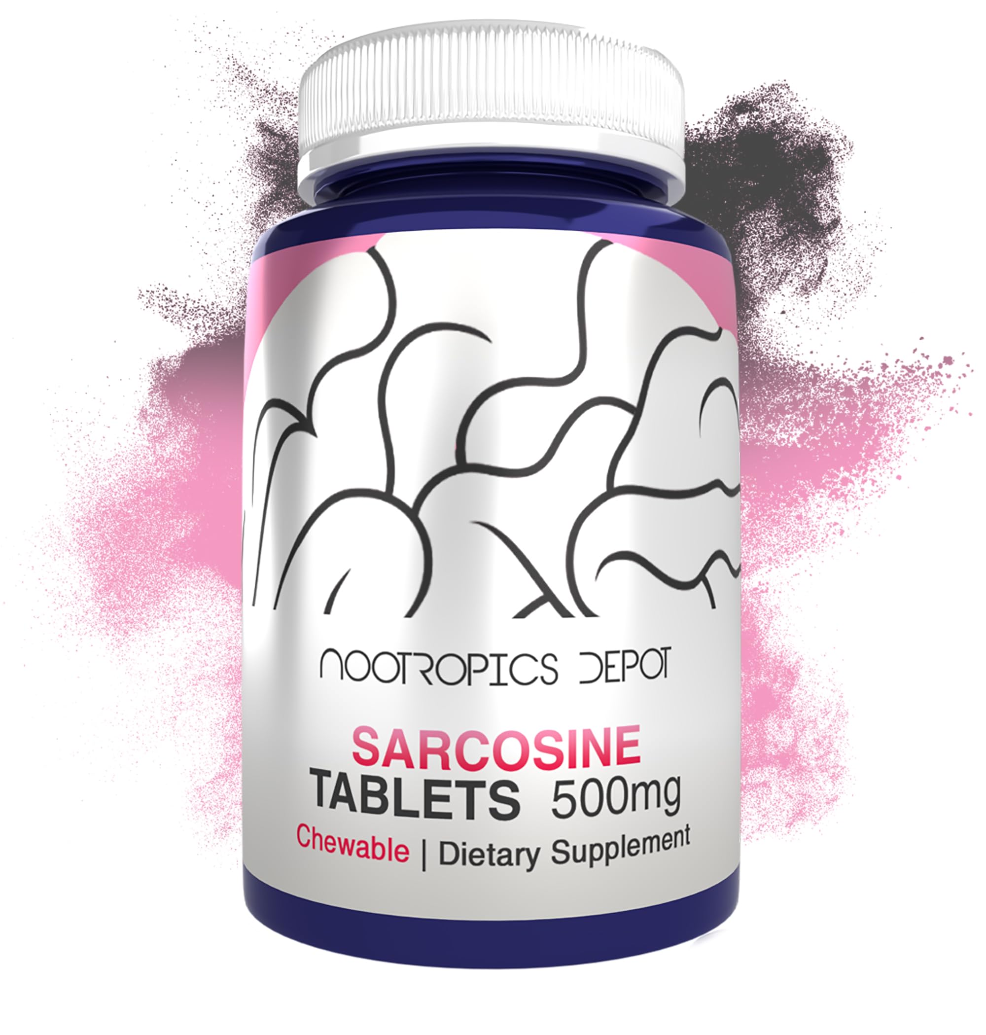 Nootropics Depot Sarcosine 500mg tablets in bottle for daily cognitive support.