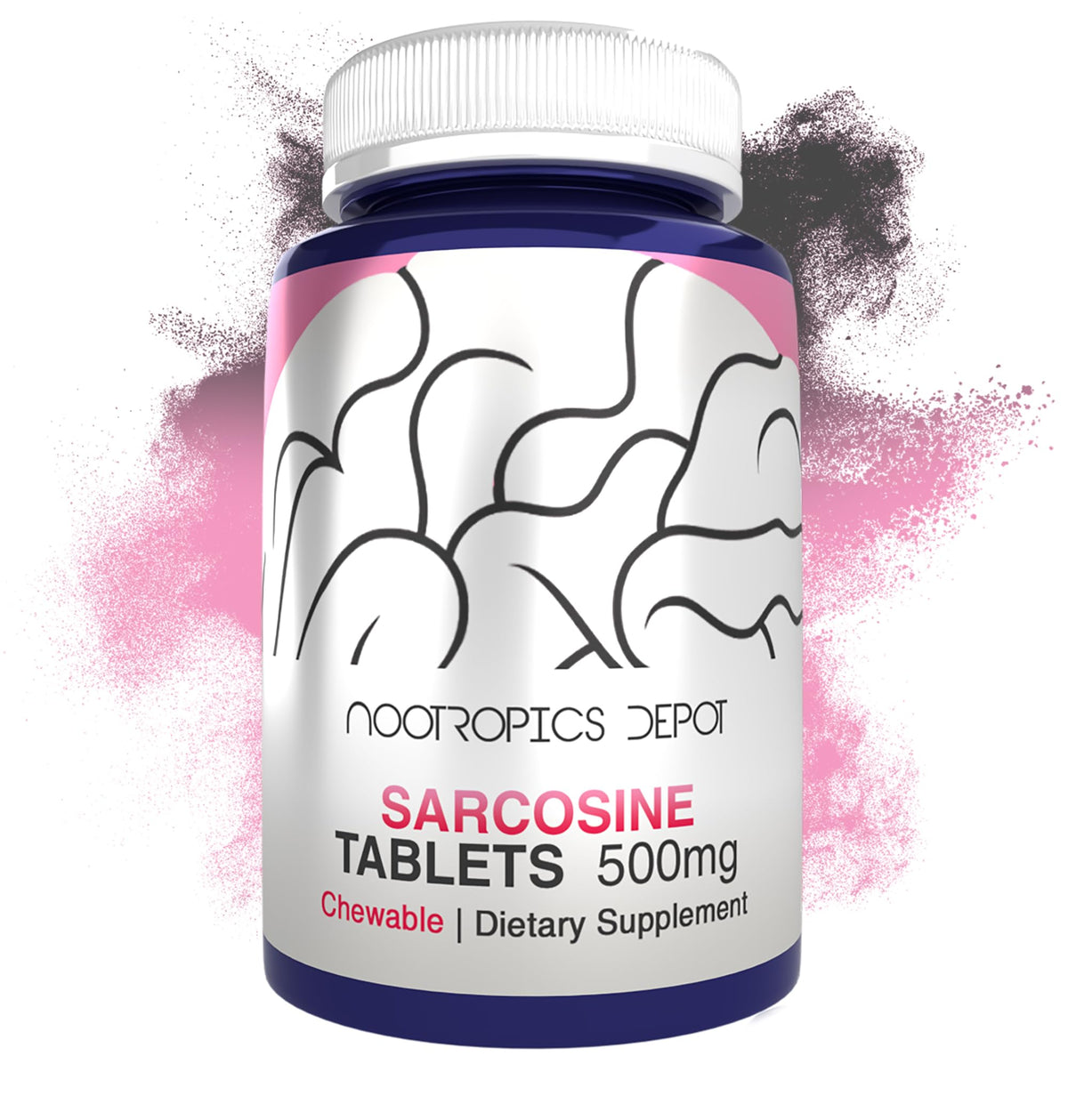 Nootropics Depot Sarcosine 500mg tablets in bottle for daily cognitive support.